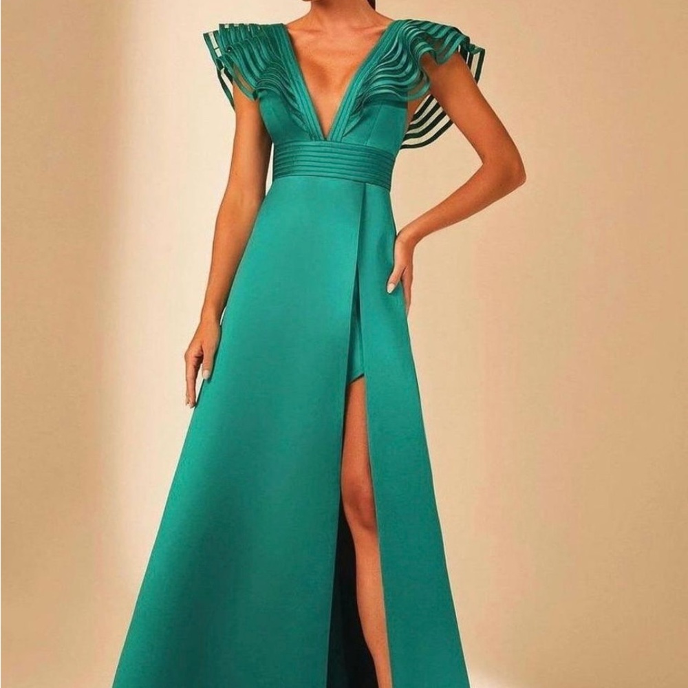 Green High Low Gown with Plunge Neckline and Flutter Sleeves